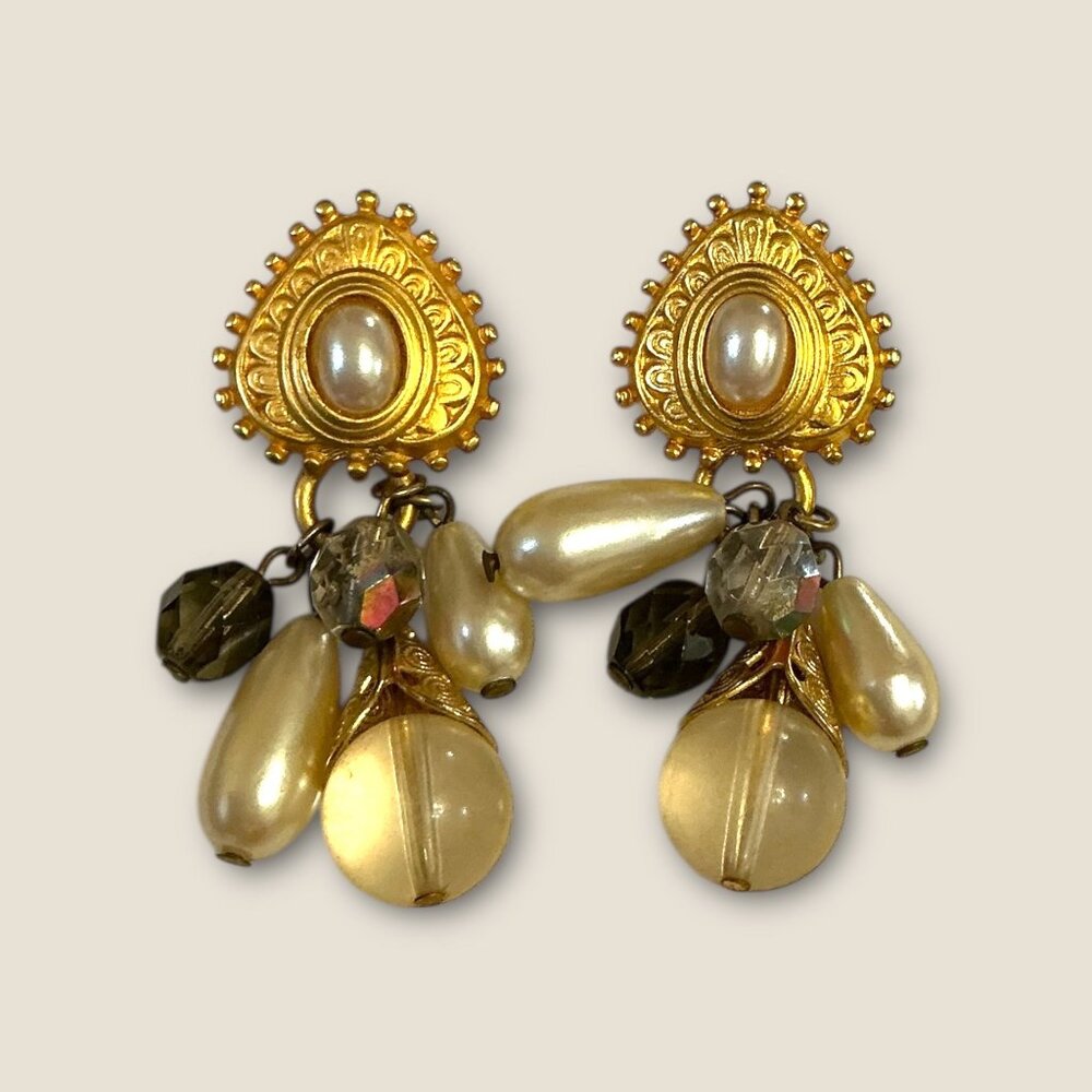 Vintage Estate Jewelry Brushed Gold Statement Dangle Chunky Beaded Earrings